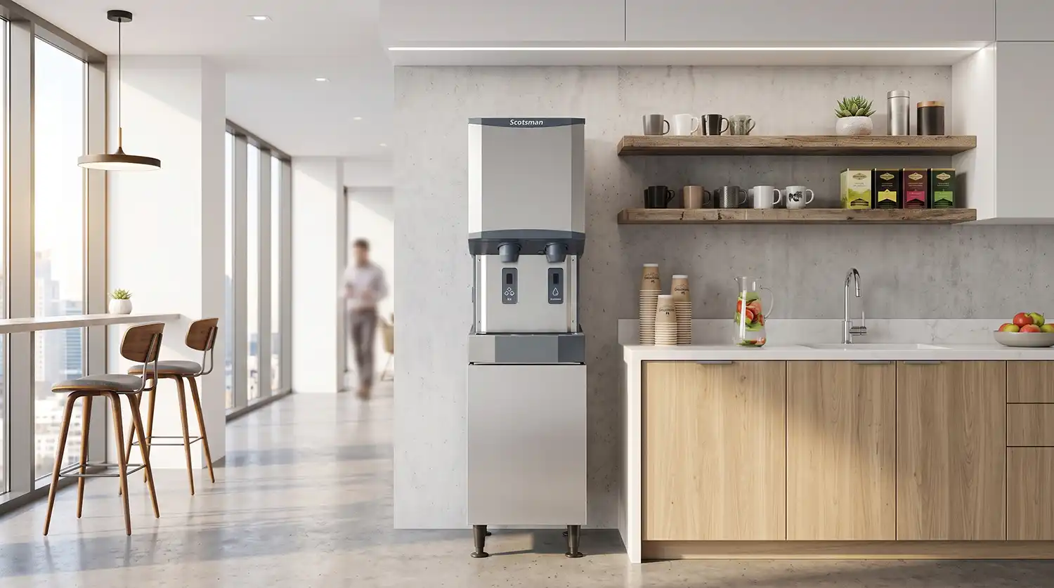 Modern office kitchenette with a tall Scotsman beverage machine beside wooden cabinets and open shelves holding mugs and boxes of tea.