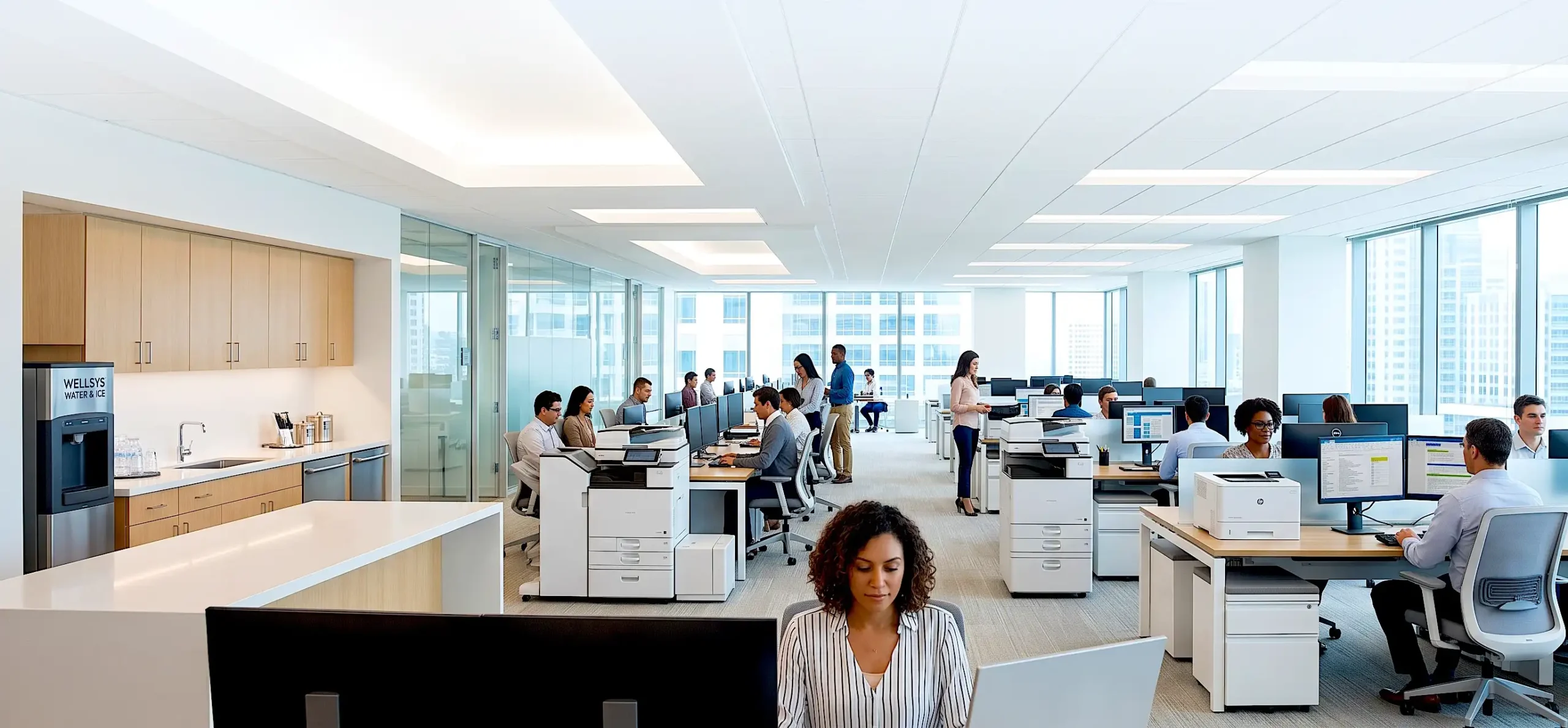 Open-plan office with rows of desks, people working on computers, and large windows letting in daylight; coffee station on the left.