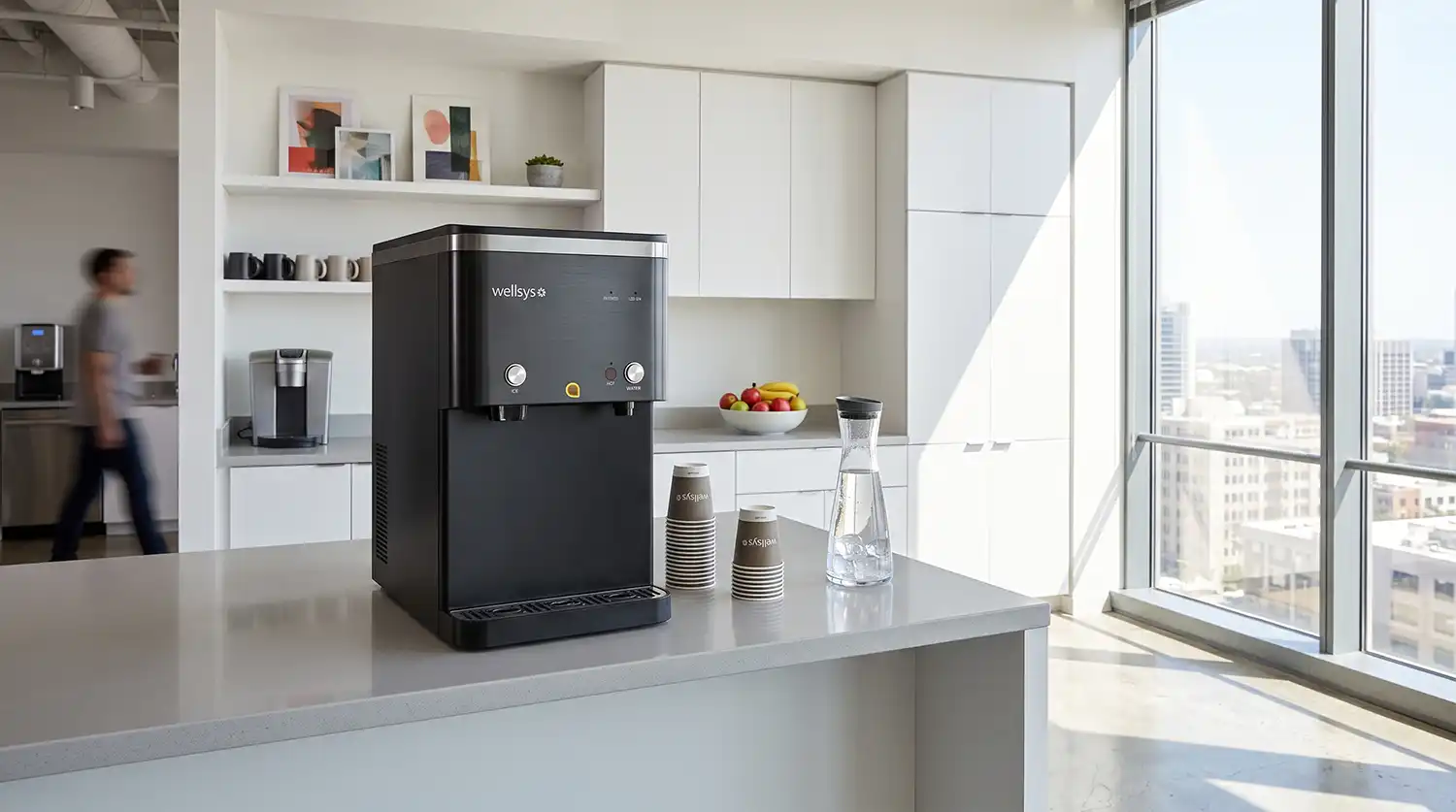 Black Wellsys espresso machine on a gray kitchen island in a bright, modern office kitchen, with cups, a carafe of water, and a bowl of fruit against a city skyline view.