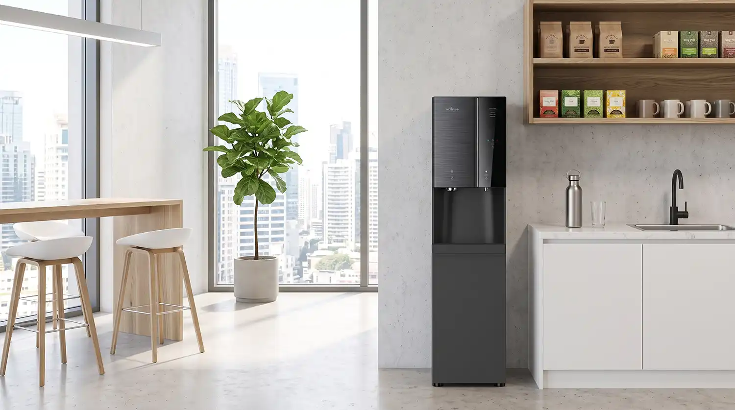 Modern office kitchenette with a black water dispenser, white cabinets, and open wooden shelves, by a large window with a potted plant nearby.
