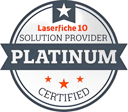 Platinum Certified Laserfiche 10 Solution Provider badge featuring a circular seal with a ribbon and stars.