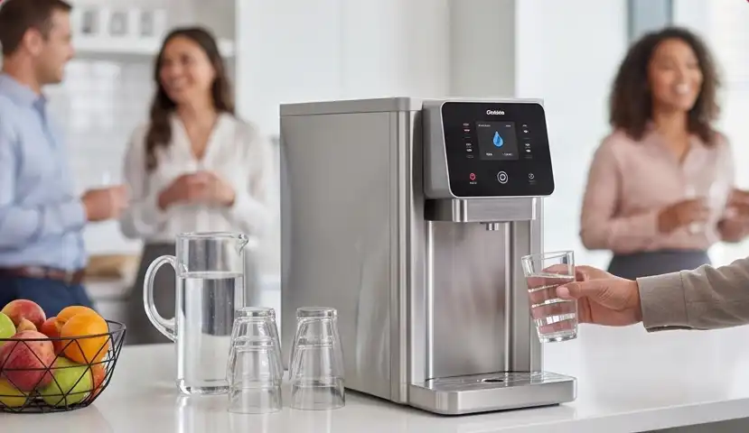 Modern stainless-steel water dispenser on a kitchen counter, with a hand filling a glass from the tap.