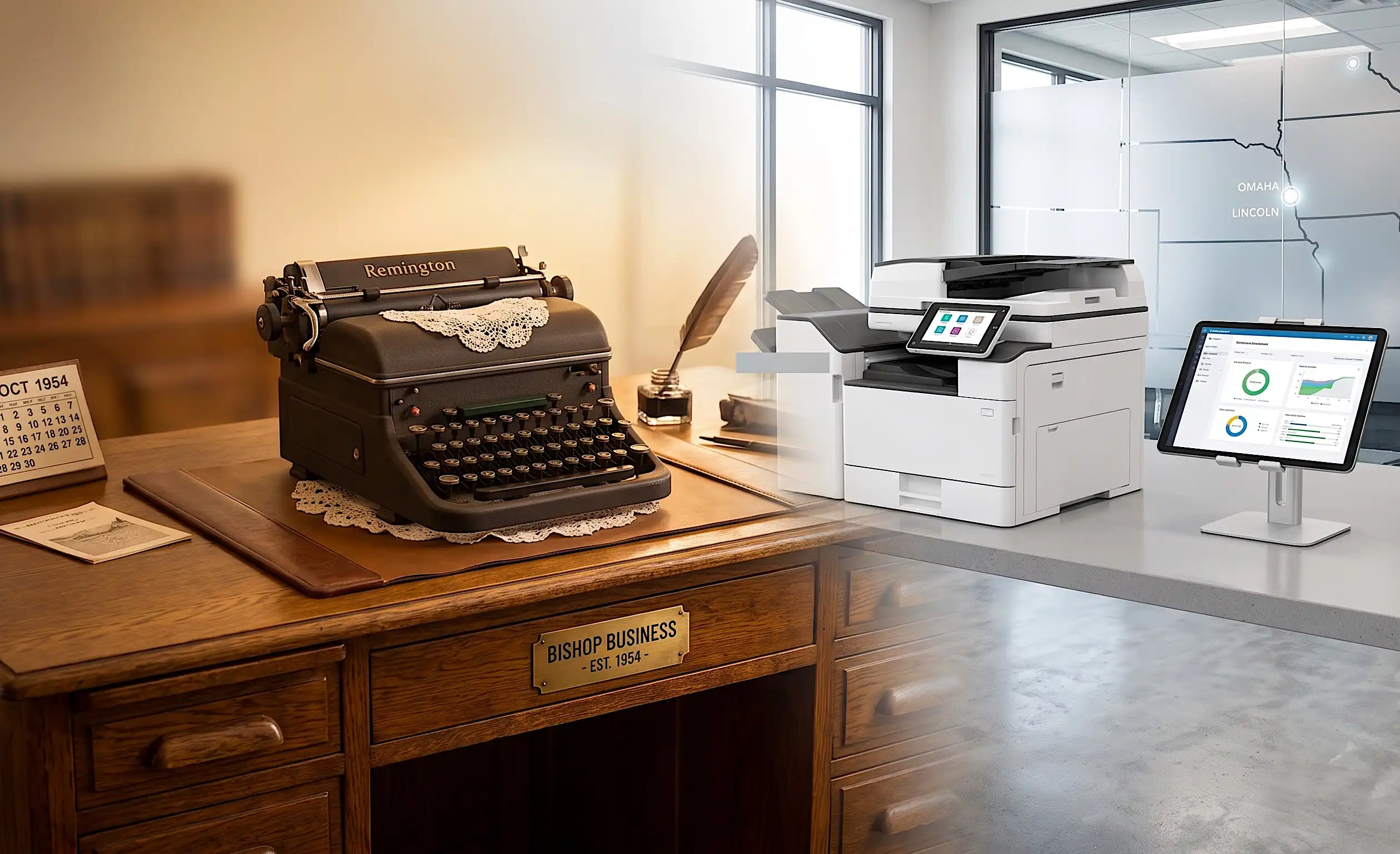 Why-Bishop-our-foundation Vintage Remington typewriter on a wooden desk beside a modern multifunction printer in a contemporary office setting.