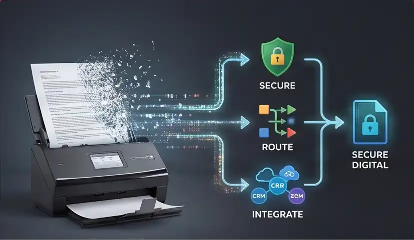 Printer emits a stream of data into a secure digital workflow with icons labeled Secure, Route, Integrate, leading to a locked document.