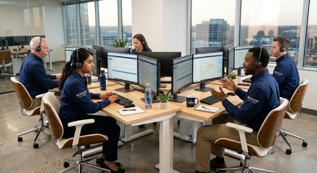 Team of five support agents in blue Bishop Business shirts with headsets, working at a shared desk with multiple computer monitors in a modern office.