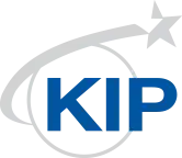 KIP logo: blue letters 'KIP' over a gray gear-shaped emblem
