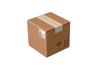Brown cardboard parcel sealed with tape, featuring a shipping label and icons for fragile and keep upright.