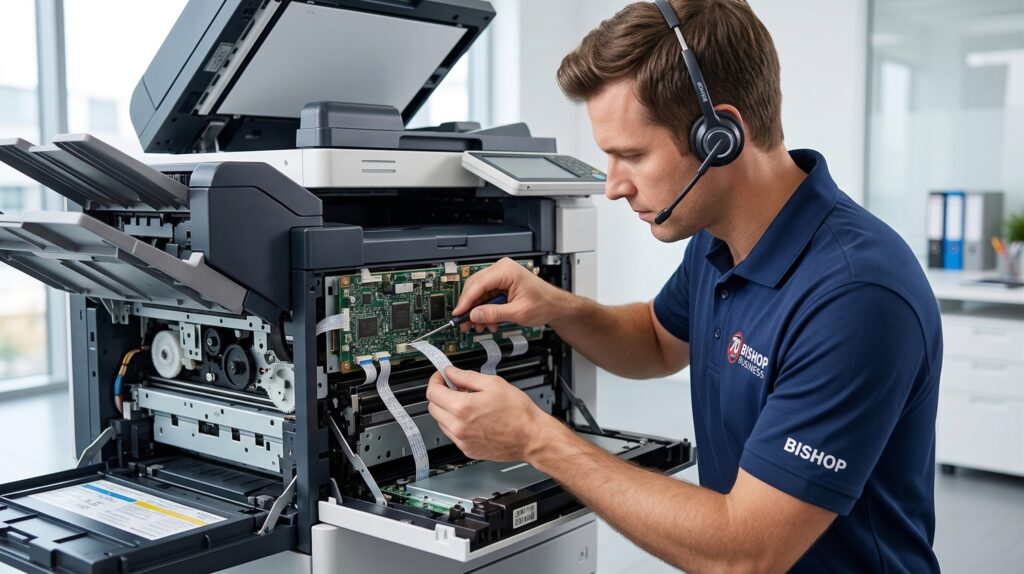 Technician in a blue polo shirt servicing a large office printer, exposing its internal circuit boards.