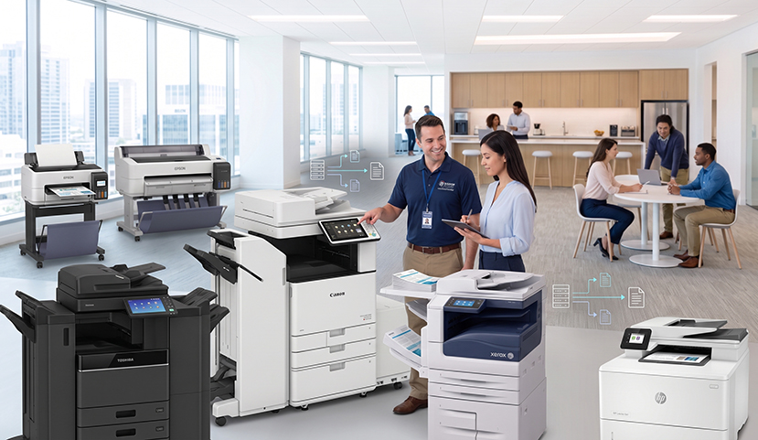 Two colleagues discuss a large multifunction printer in a bright modern office with several printers and a coffee bar in the background, illustrating office printing solutions.