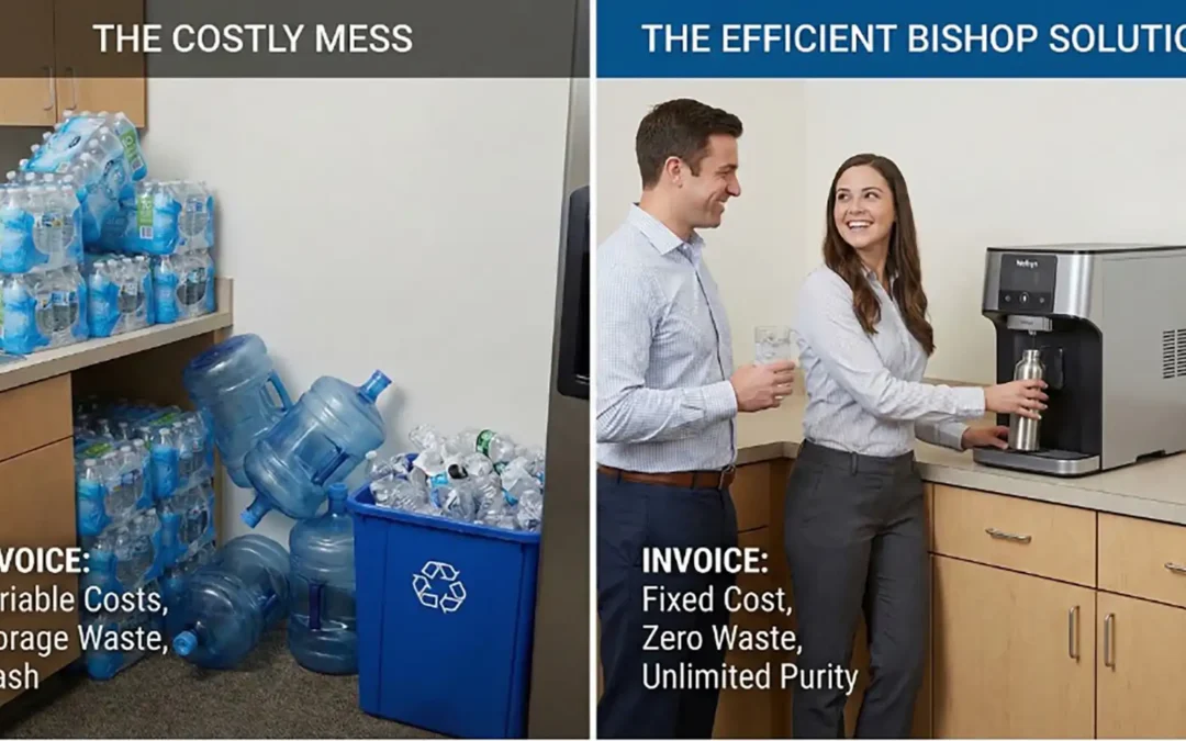 Split-screen ad: left side shows a cluttered work area with stacked water bottles and trash, right side shows two coworkers using a water‑purifier machine at a counter, with headings 'The Costly Mess' and 'The Efficient Bishop Solution' and captions about costs and waste (INVOICE: Variable Costs, Storage Waste, Trash vs. Fixed Cost, Zero Waste, Unlimited Purity).