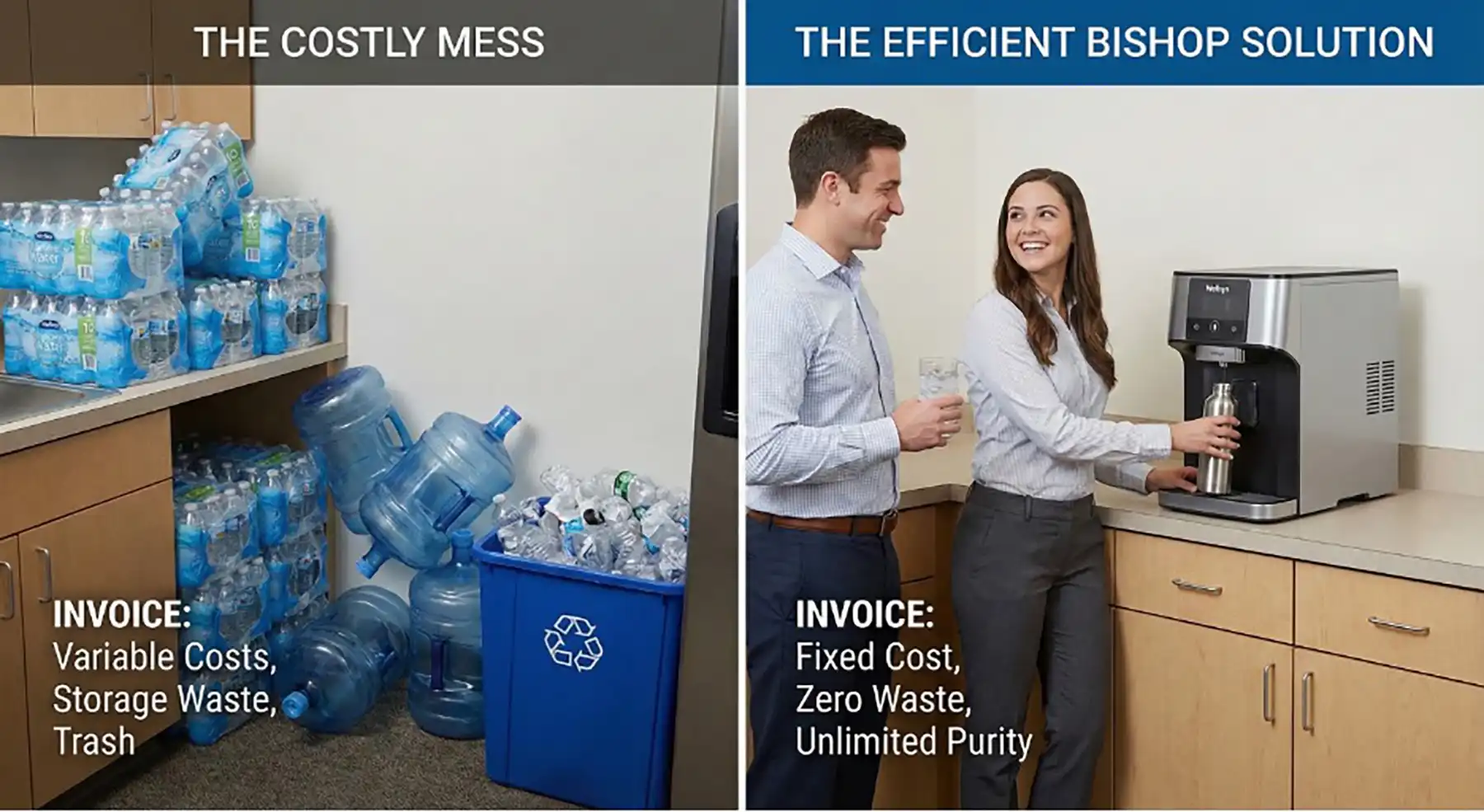 Split-screen ad: left side shows a cluttered work area with stacked water bottles and trash, right side shows two coworkers using a water‑purifier machine at a counter, with headings 'The Costly Mess' and 'The Efficient Bishop Solution' and captions about costs and waste (INVOICE: Variable Costs, Storage Waste, Trash vs. Fixed Cost, Zero Waste, Unlimited Purity).