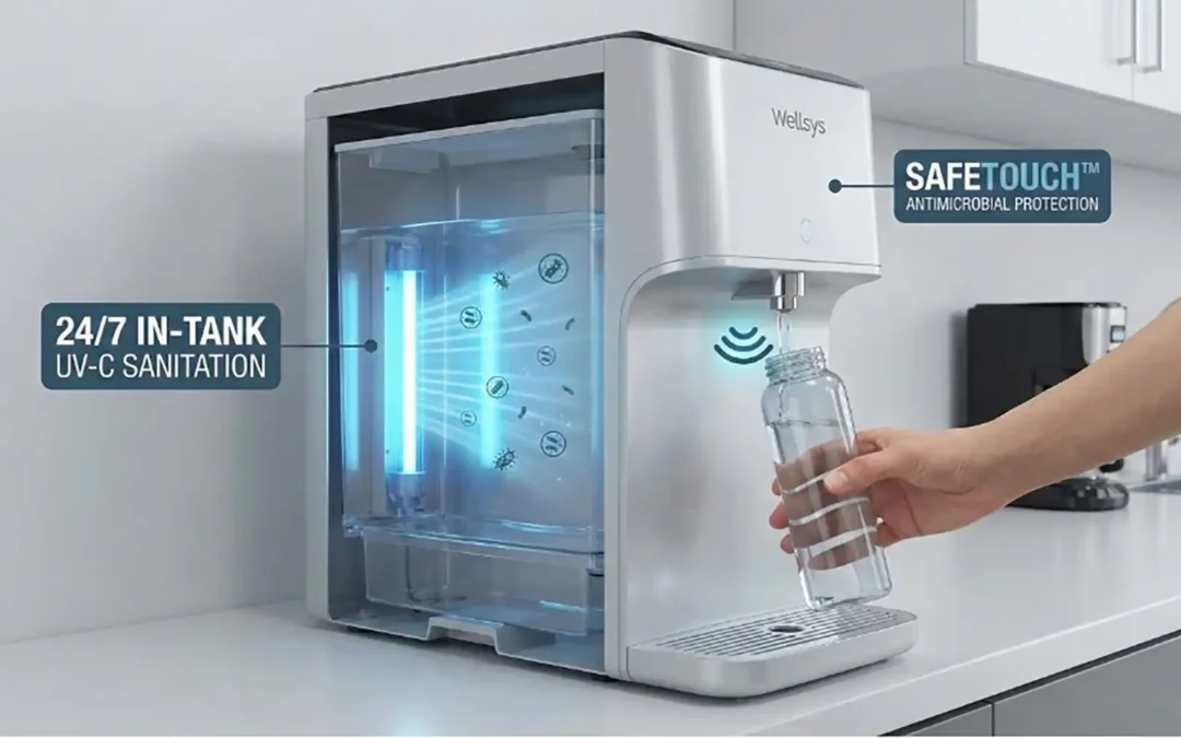 Wellsys water dispenser with 24/7 UV-C sanitation and SafeTouch antimicrobial protection, pouring water into a bottle.