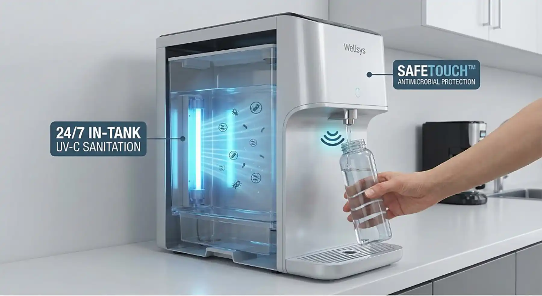 Wellsys water dispenser with 24/7 UV-C sanitation and SafeTouch antimicrobial protection, pouring water into a bottle.