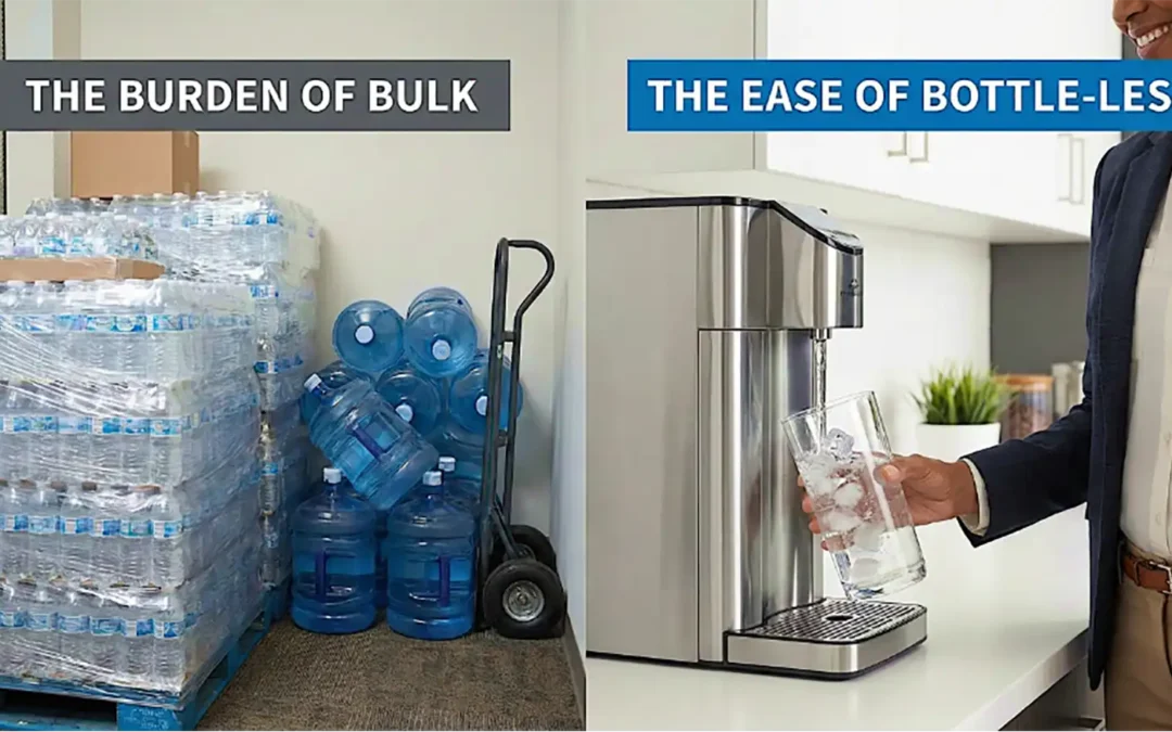 Split scene contrasting bulk water storage with a bottle-less dispenser: left shows pallets of bottled water labeled 'The burden of bulk', right shows a person filling a glass from a sleek under‑counter machine labeled 'The ease of bottle-less'.