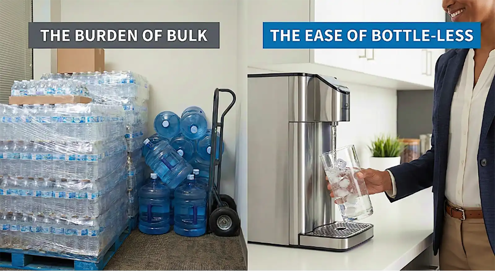 Split scene contrasting bulk water storage with a bottle-less dispenser: left shows pallets of bottled water labeled 'The burden of bulk', right shows a person filling a glass from a sleek under‑counter machine labeled 'The ease of bottle-less'.