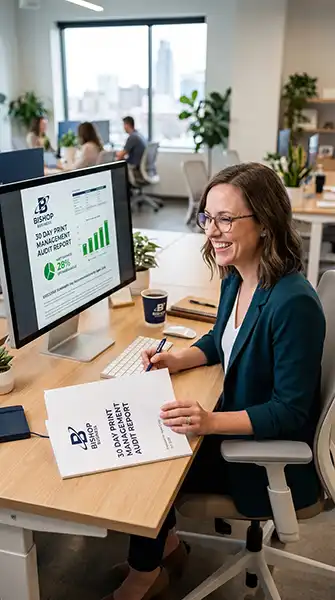 Smiling woman in a teal blazer sits at a desk in a bright open-plan office, reviewing a printed report while looking at a monitor displaying charts and graphs.
