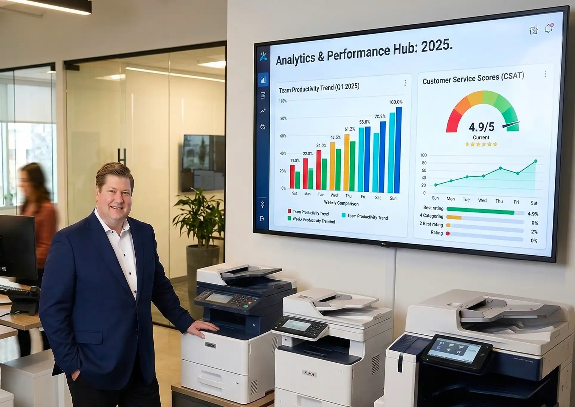 chris-updated2 Businessman in a blue suit standing beside office printers, with a large dashboard of charts on a wall screen behind him.