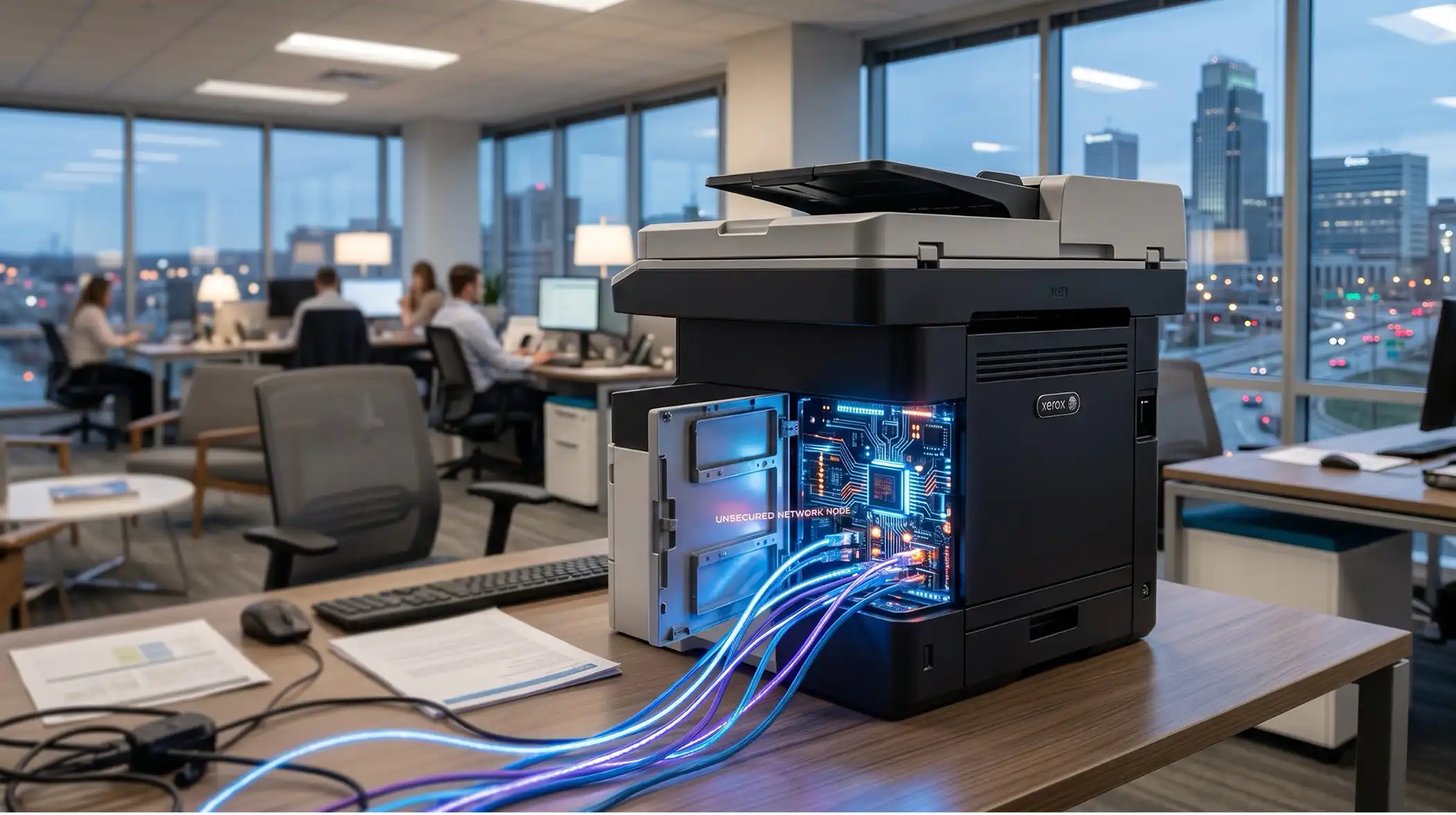 An office multifunction printer sitting on a desk with its side panel open, revealing a glowing circuit board and blue cables representing an unsecured network node.