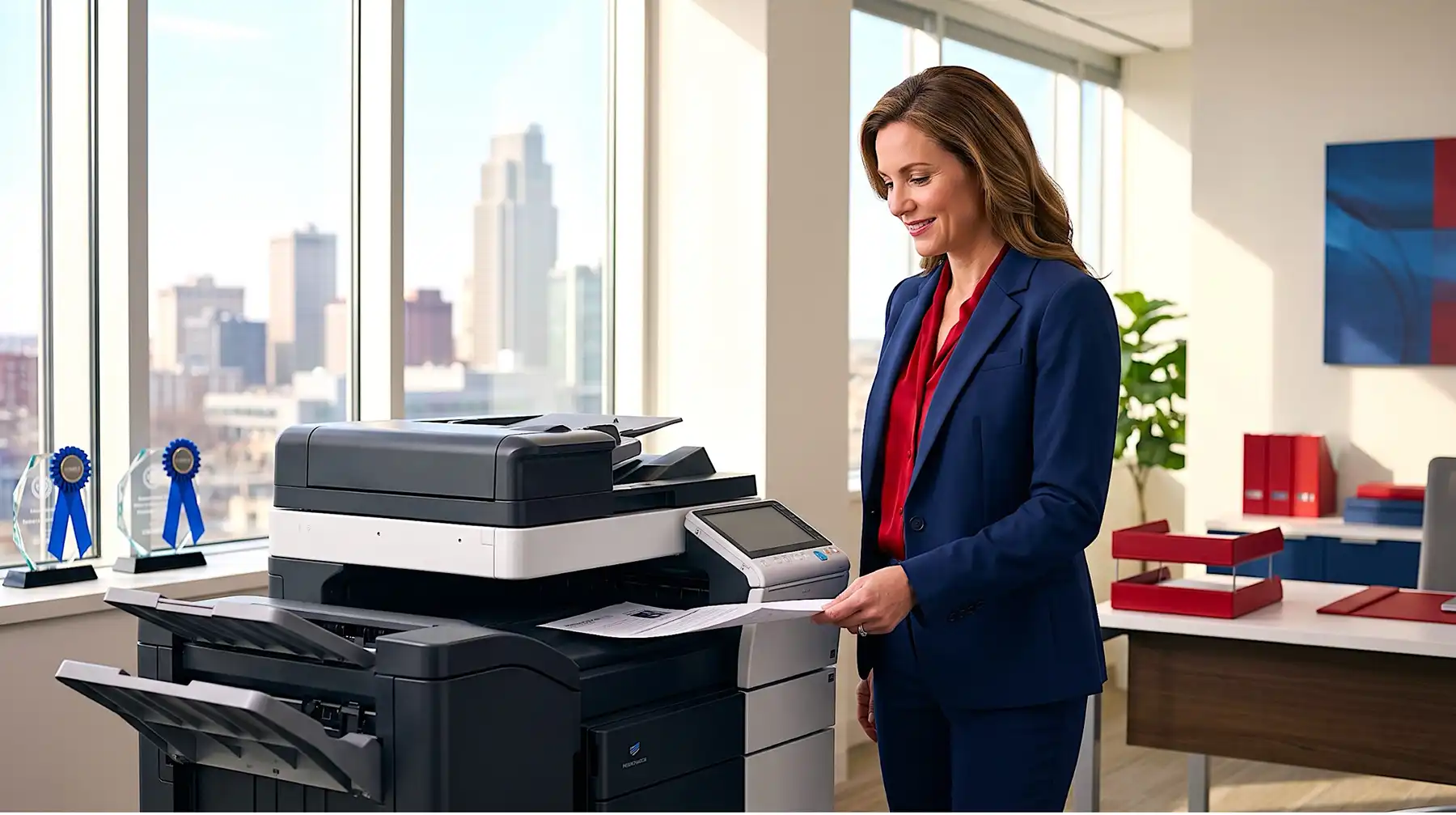 A confident office manager using a modern, high-volume multifunction office copier in a bright Midwest B2B workspace.