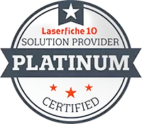 Platinum Certified Laserfiche 10 Solution Provider badge featuring a circular seal with a ribbon and stars.